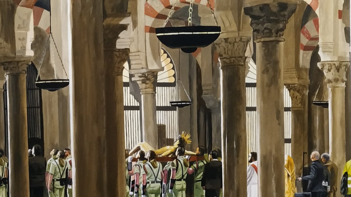 Obra ganadora del certamen de pintura, titulada ‘Legionarios en la Mezquita’, cuyo autor es Alberto Insa Garin.