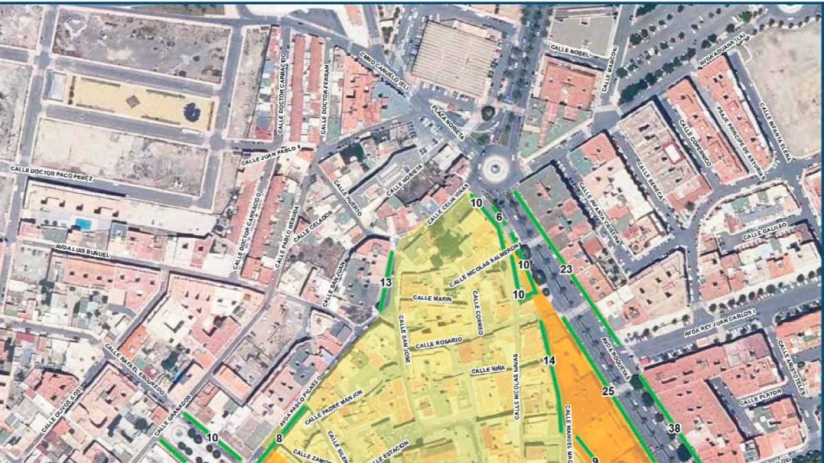 Zona de aparcamiento regulado -ORA- en el centro (área de coexistencia)