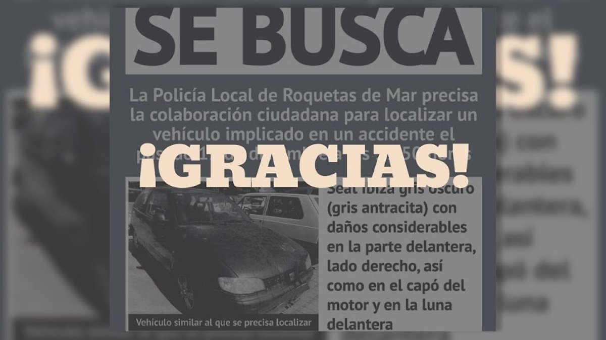 l cartel de búsqueda difundido por el ayuntamiento, con un gran \'gracias\'.