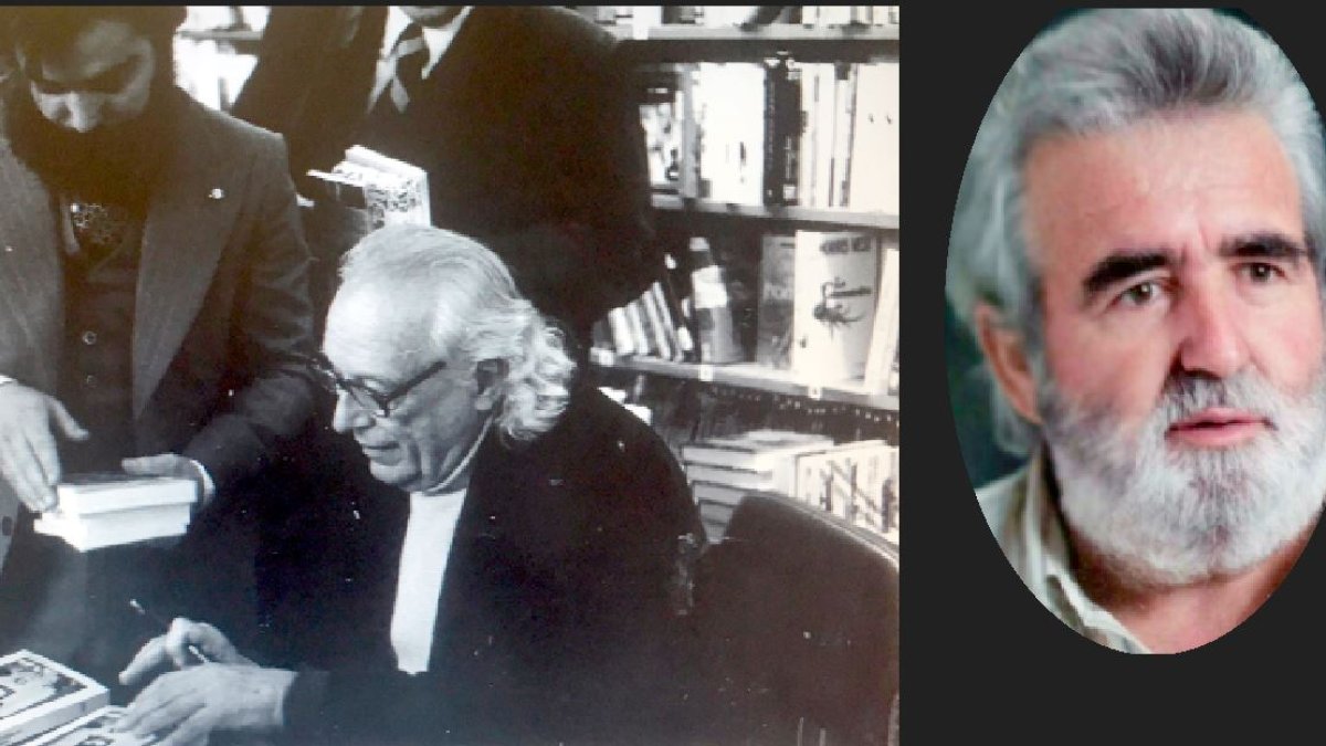 Rafael Alberti en la Librería Cajal, en 1978, donde estuvo la delegación de Círculo. Manuel Rodríguez, delegado en Almería.