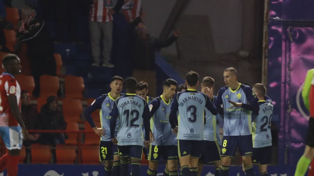 Petrovic lidera la celebración de uno de los goles del Almería.
