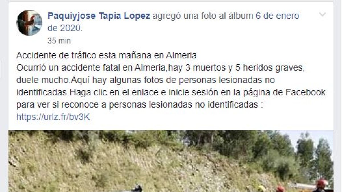 Captura de pantalla de la publicación compartida en Facebook sobre el supuesto accidente.
