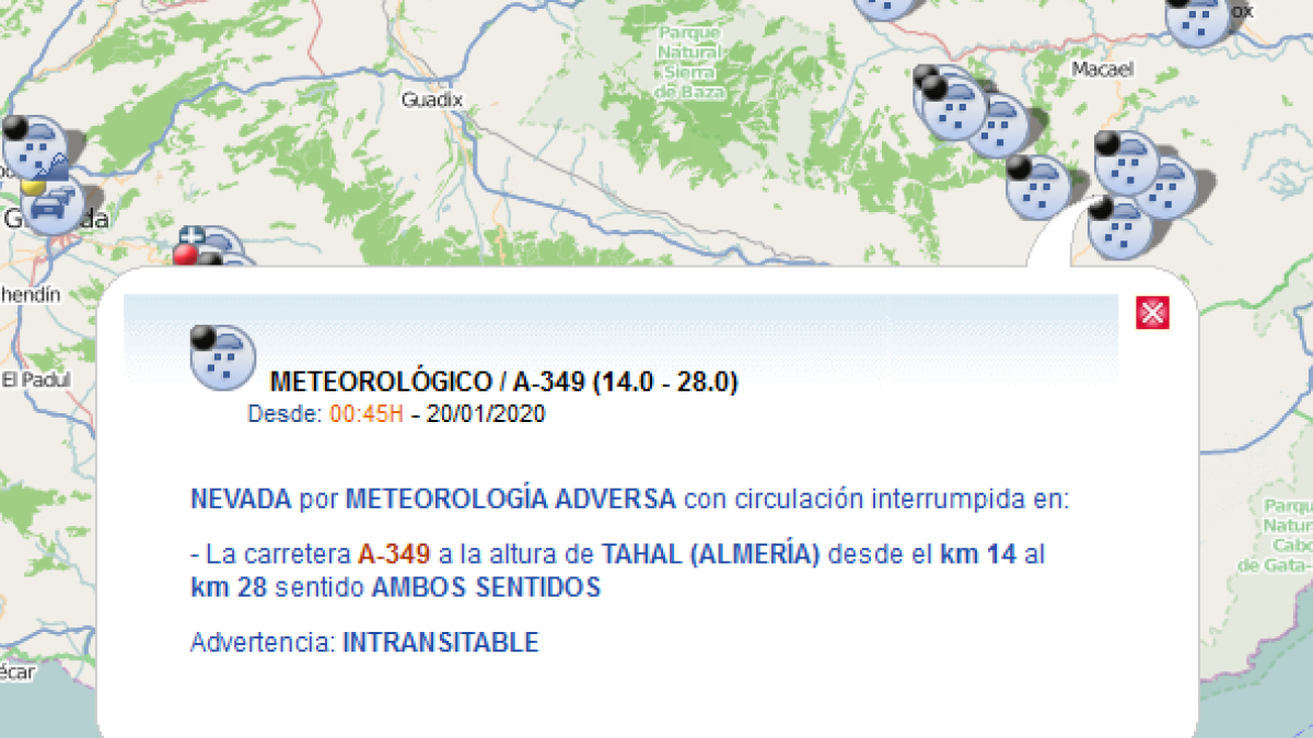 Detalle del estado de la AL-3102 a su paso por Tahal según la DGT.