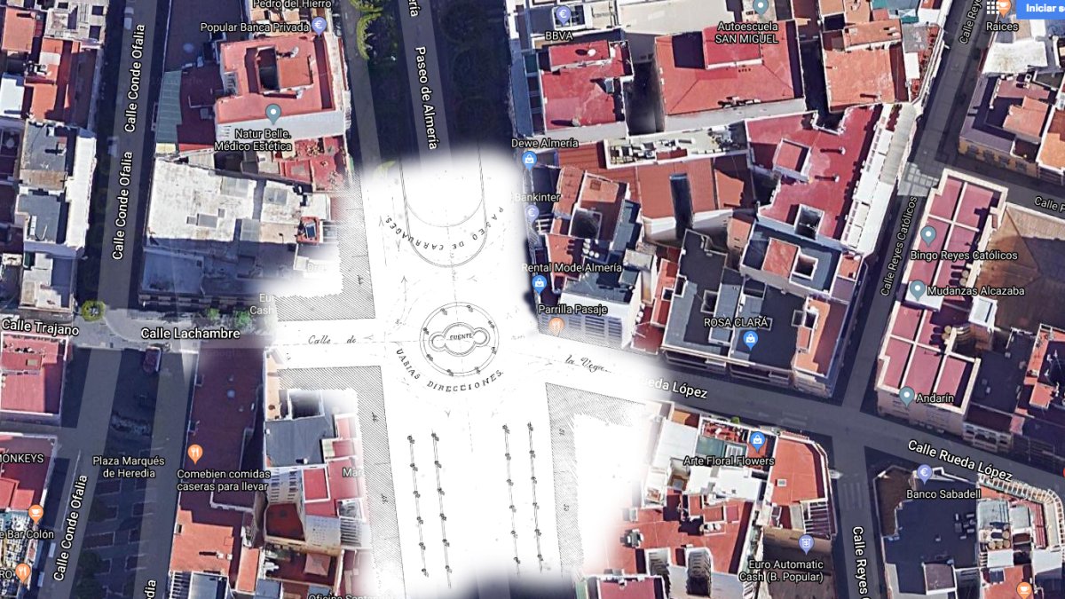 Ubicación de la fuente entre el Paseo y la actual Rueda López (entonces Calle de la Vega).