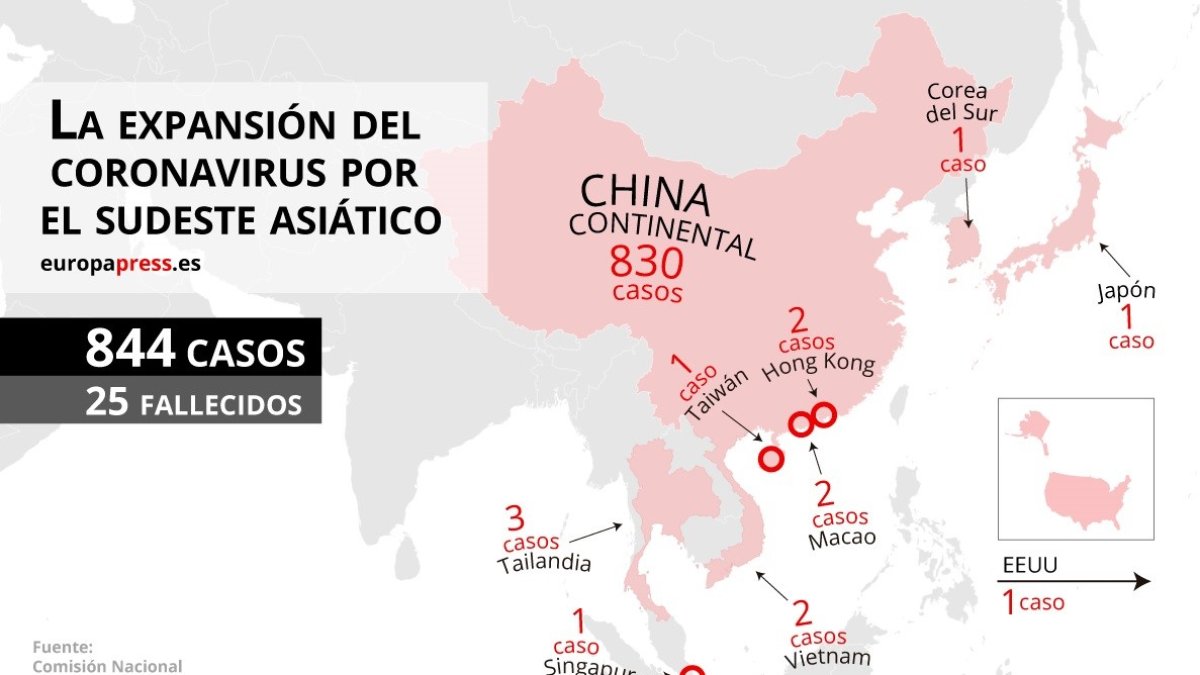 Mapa con casos de coronavirus en el sudeste asiático.