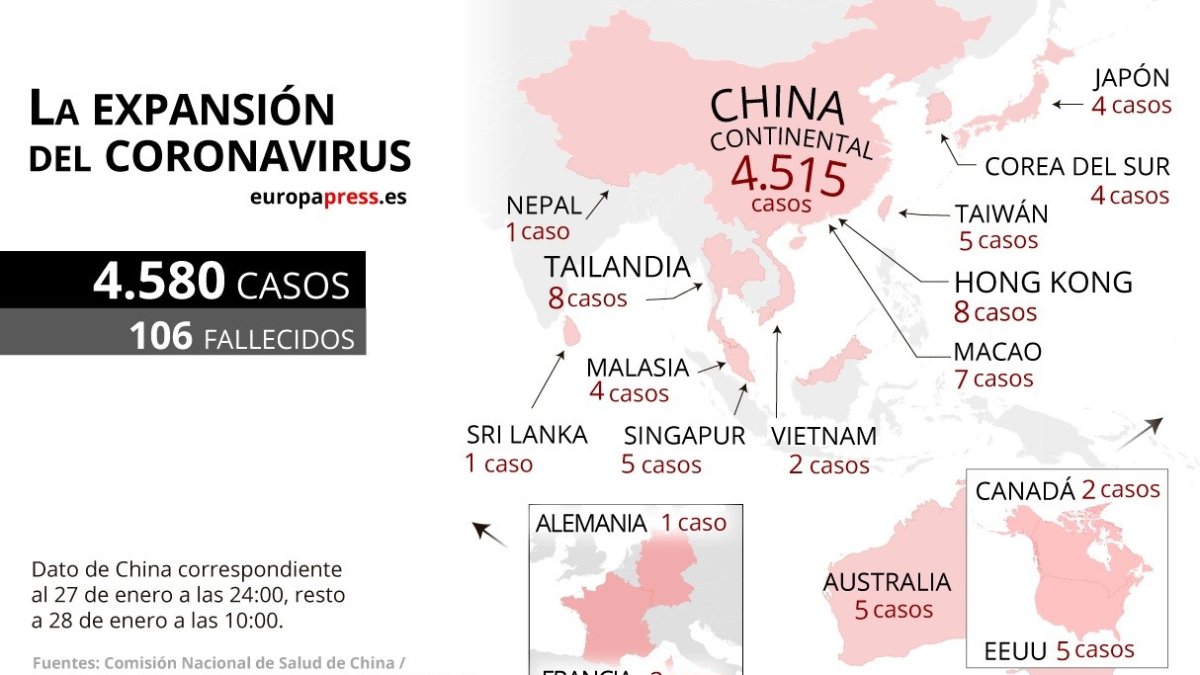 Mapa con casos de coronavirus por países.