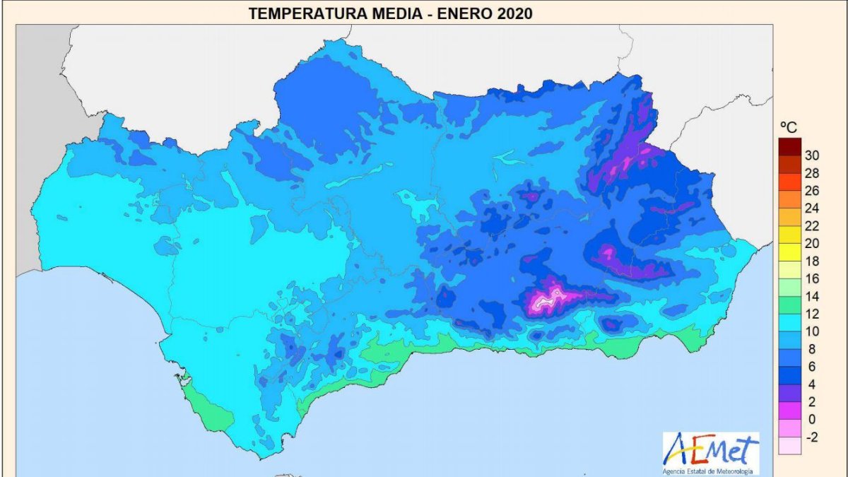 Mapa de temperaturas medias de enero elaborado por la AEMET.