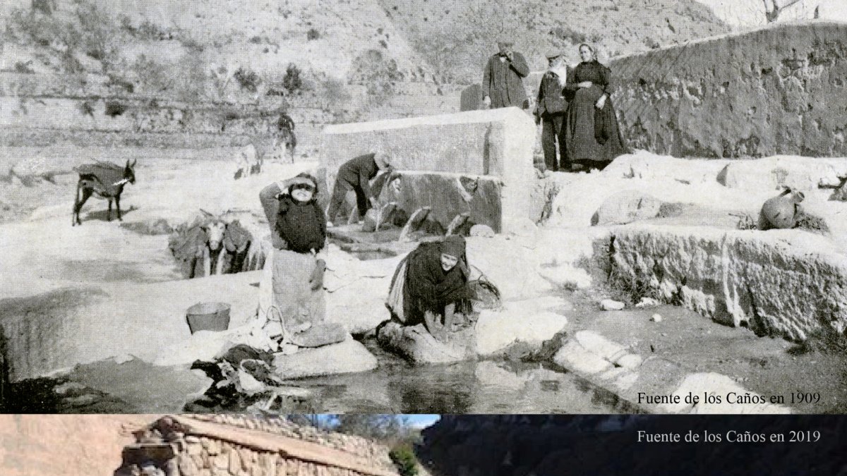 Estado de la Fuente de los Caños en 1909 (arriba) y, abajo, en 2019.