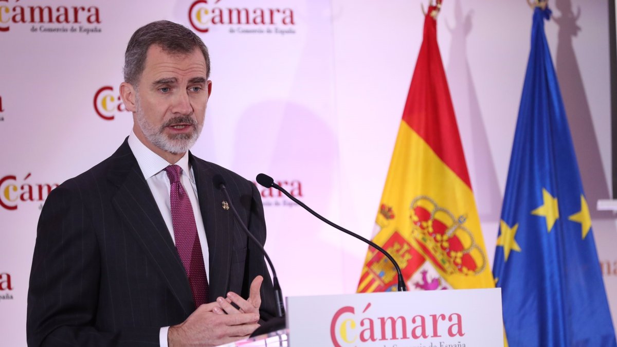 El rey Felipe VI, durante el Pleno extraordinario de la Cámara de Comercio de España.