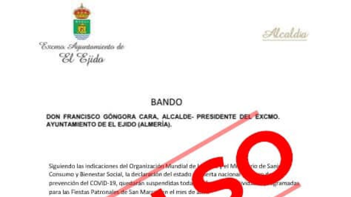 Imagen del Ayuntamiento de El Ejido que desmiente el bulo que ha circulado por las redes sociales.