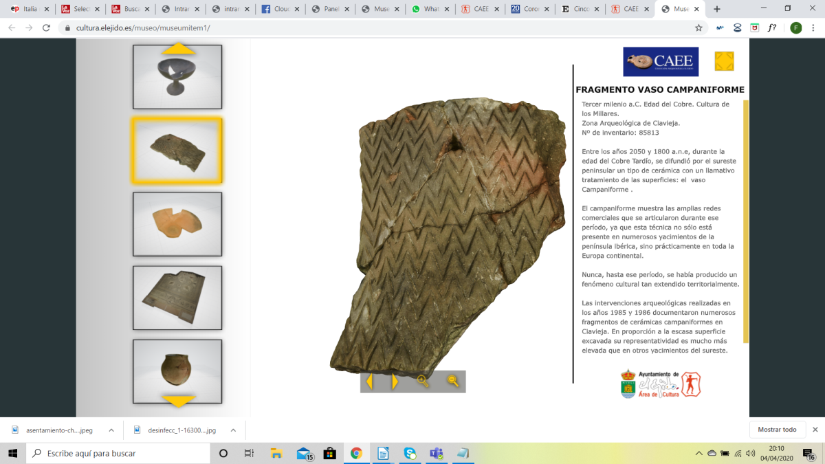 Captura de pantalla que muestra un fragmento de vaso campaniforme siendo explorado en 3D.