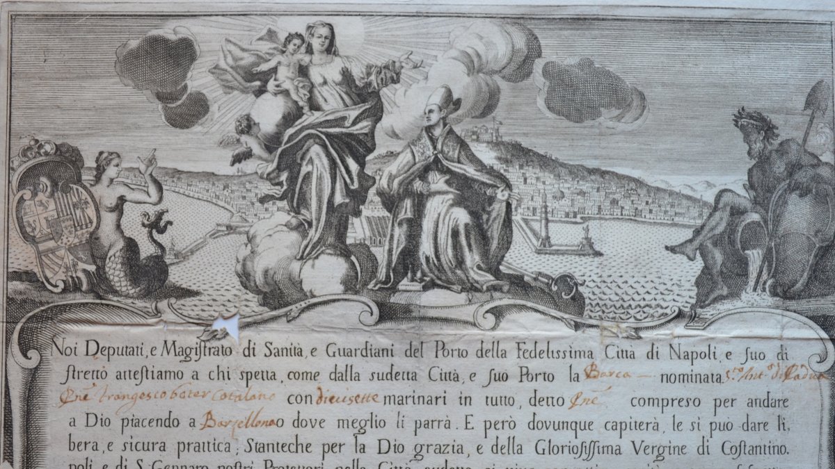 Patente de sanidad de Nápoles emitida en 1739, anónima.