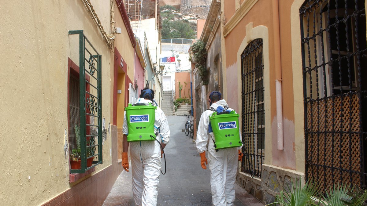 La empresa Dimoba es la encargada de desinfectar las calles y plazas del barrio de la Alcazaba.