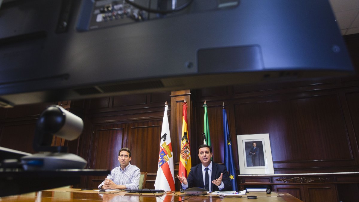 Imagen del presidente y el diputado de la Diputación durante la reunión telemática.