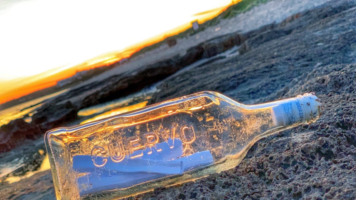La Botella de tequila con un mensaje dentro con remite de Mojácar, tal como la encontró Fran Avila hace unos días.