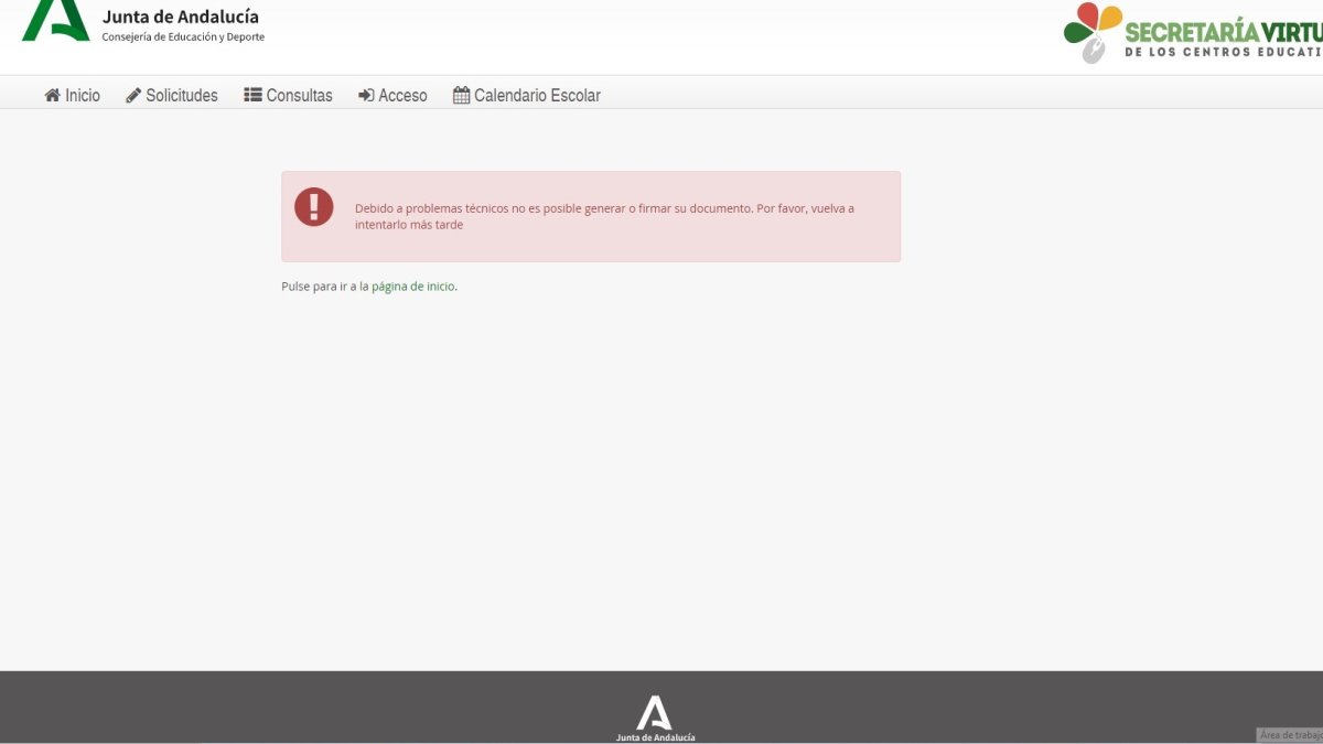 Mensaje de error en la web de la Junta para la matriculación escolar.