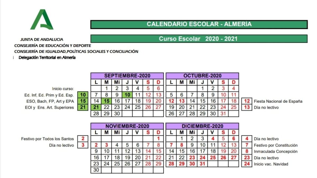 Calendario Escolar en Almería Curso 2020-2021.