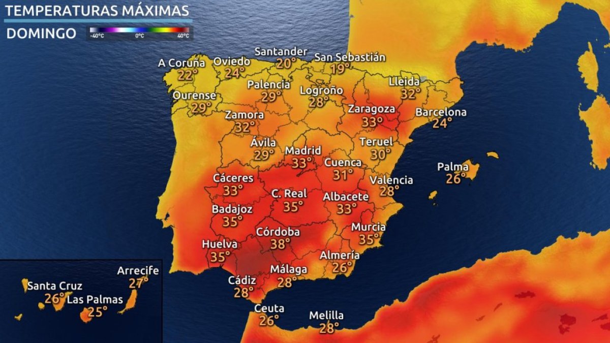 Mapa de eltiempo.es con las máximas esperadas para este fin de semana.