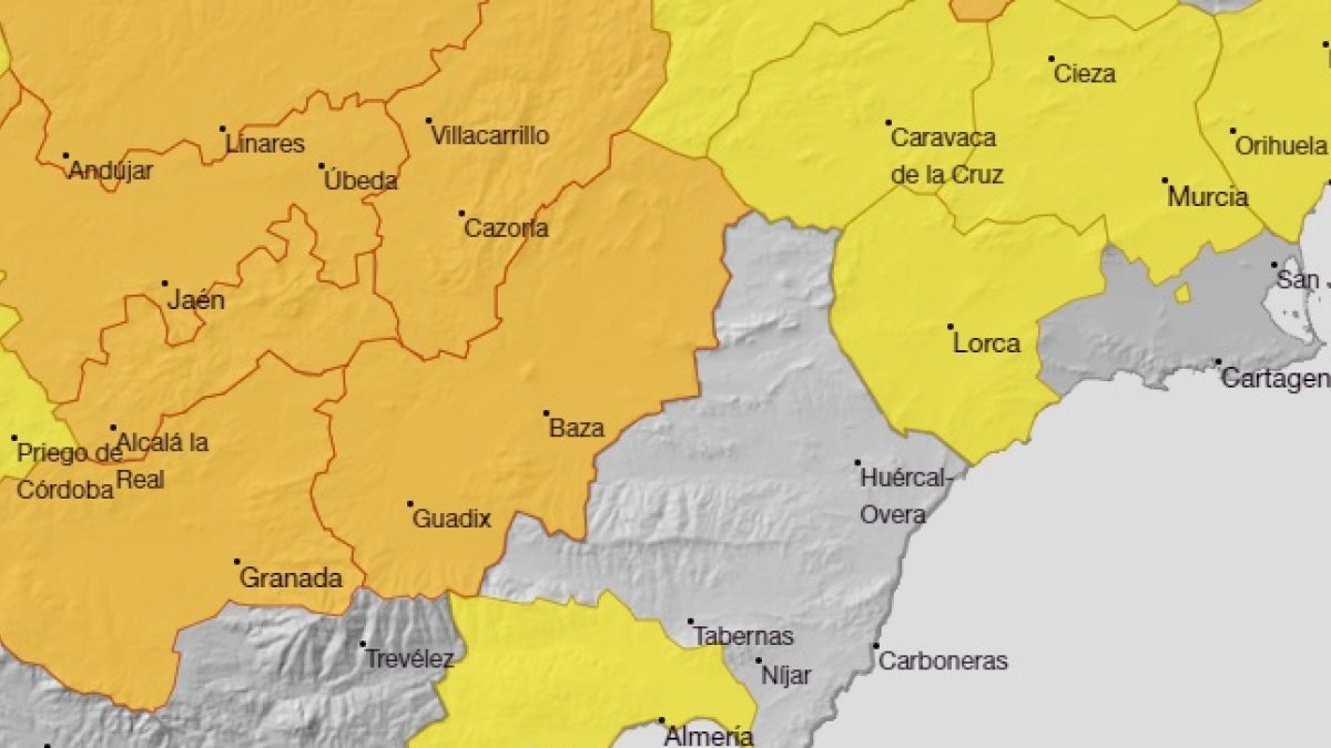 Mapa de la Aemet donde se refleja la alerta amarilla por altas temperaturas en el litoral del poniente almeriense