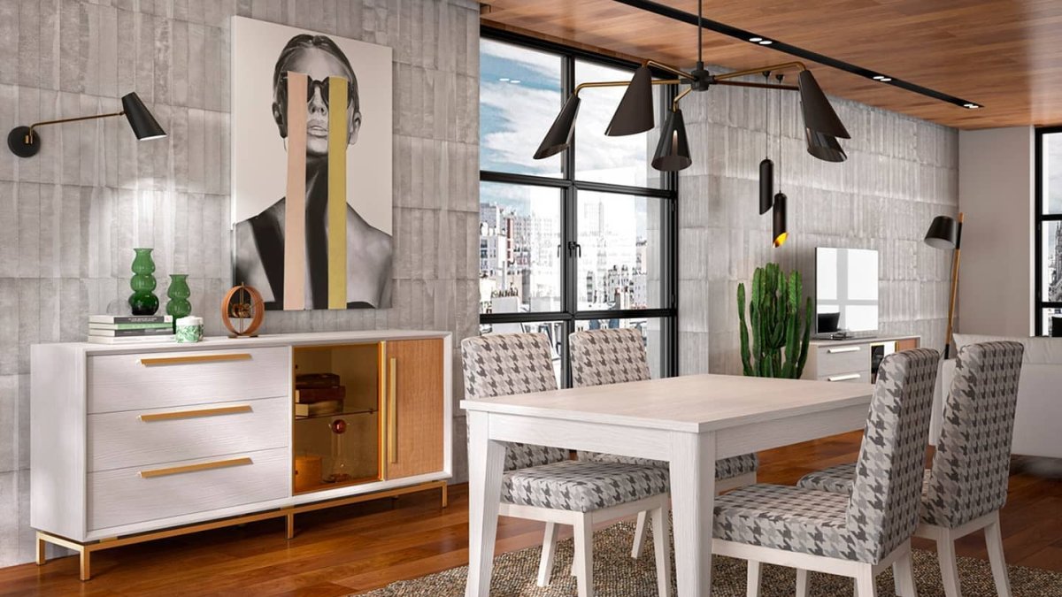 Diseño de comedor con madera y colores neutros.