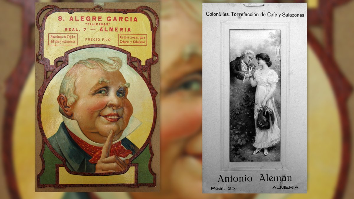 Anuncio artístico de Las Filipinas, un importante negocio de tejidos de la calle Real, y del almacén de coloniales de Alemán.