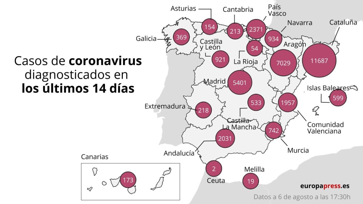 Mapa con datos de coronavirus en España a 6 de agosto.
