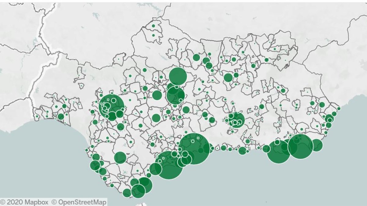 Captura de pantalla del mapa de Andalucía con una representación gráfica de los positivos de cada municipio.