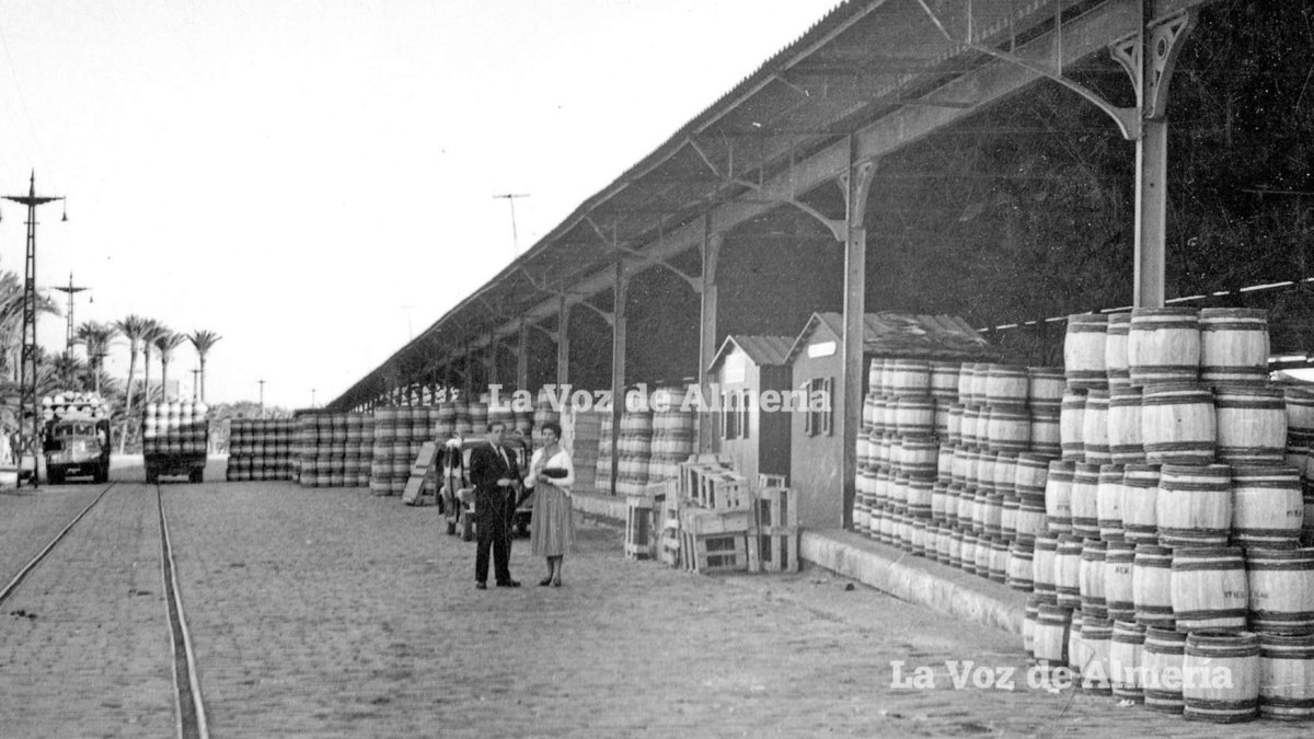 La zona del puerto con los tinglados repletos con barriles de uva, aguardando para ser embarcados para su comercialización. Años cincuenta.