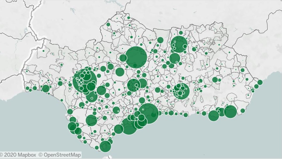 Mapa con el reparto de contagios en los municipios de Andalucía.