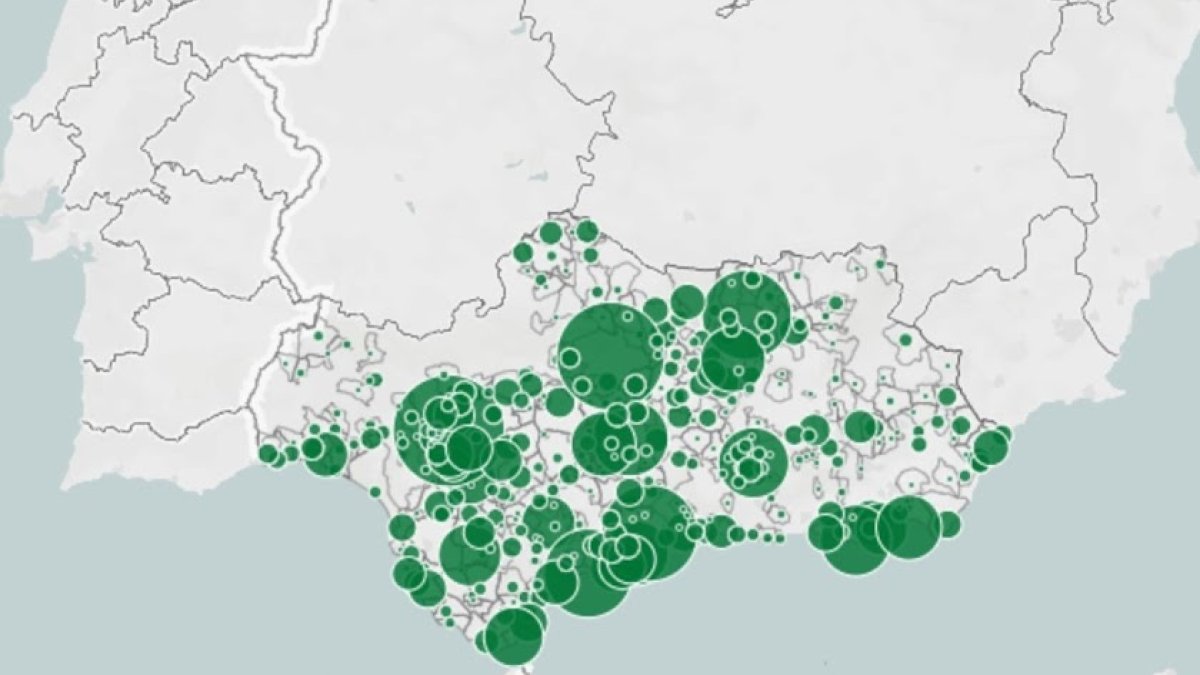 Mapa de la distribución de los positivos por coronavirus en Andalucía.