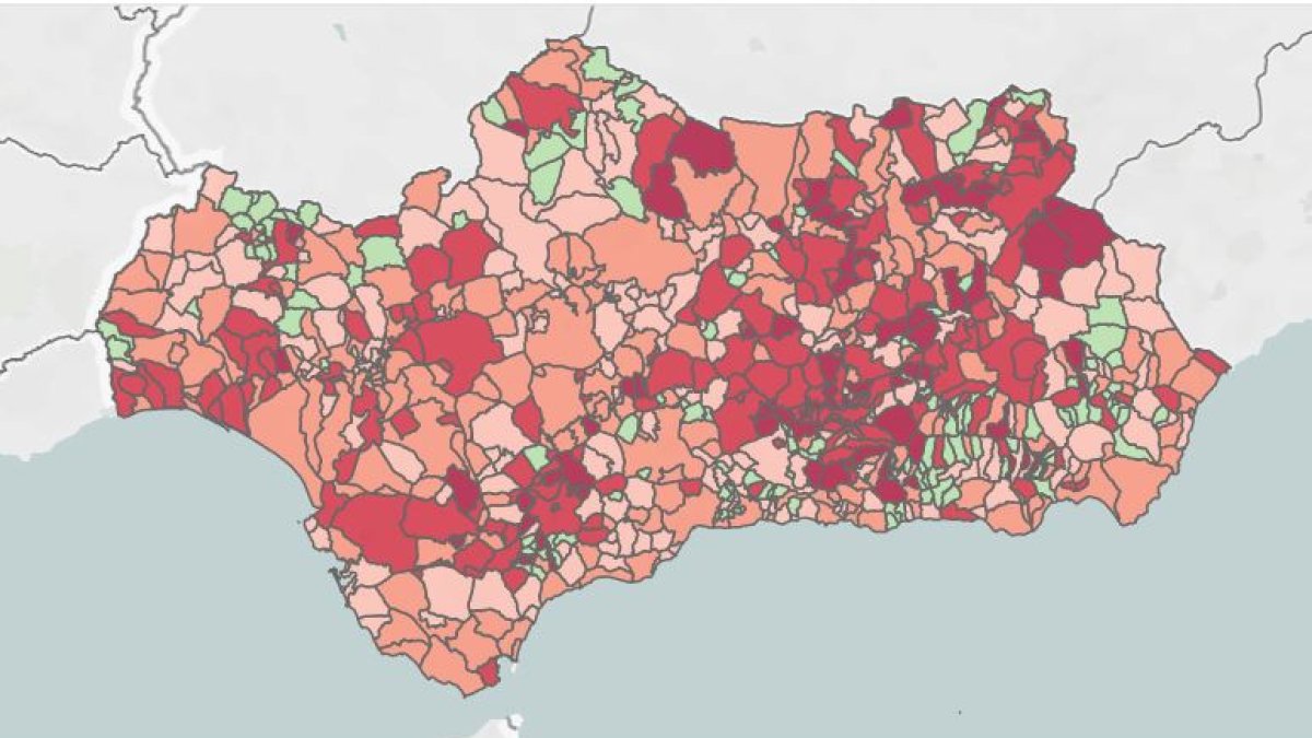 Mapa con la incidencia en los municipios andaluces.