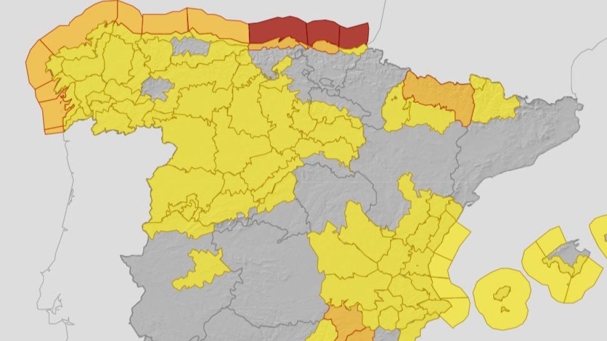 Mapa de la Aemet con los avisos activos en todo el país.