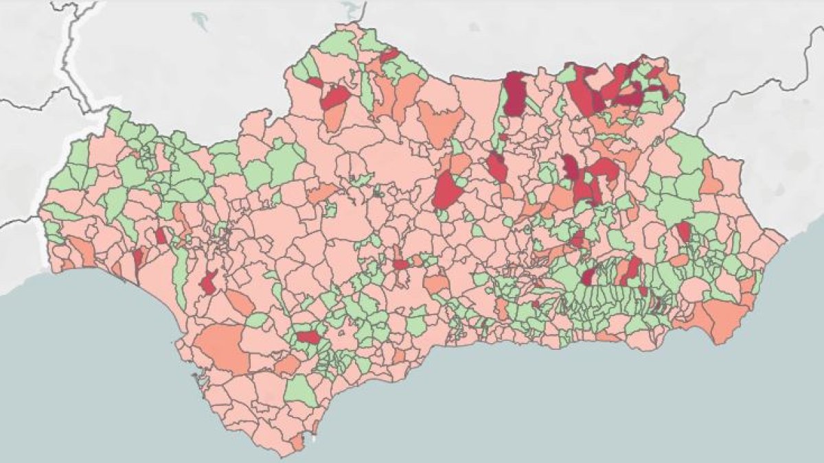Mapa con la incidencia del covid en los municipios andaluces.