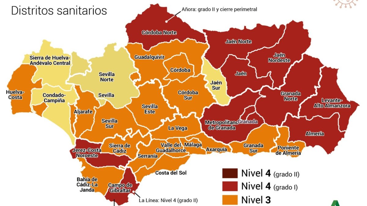 Mapa de los niveles de medidas preventivas Covid-19 en Andalucía a partir del lunes 11 de enero.