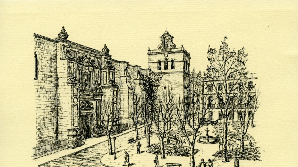 La Plaza de la Catedral a plumilla junto a donde fue asesinado José de Burgos Coronel.