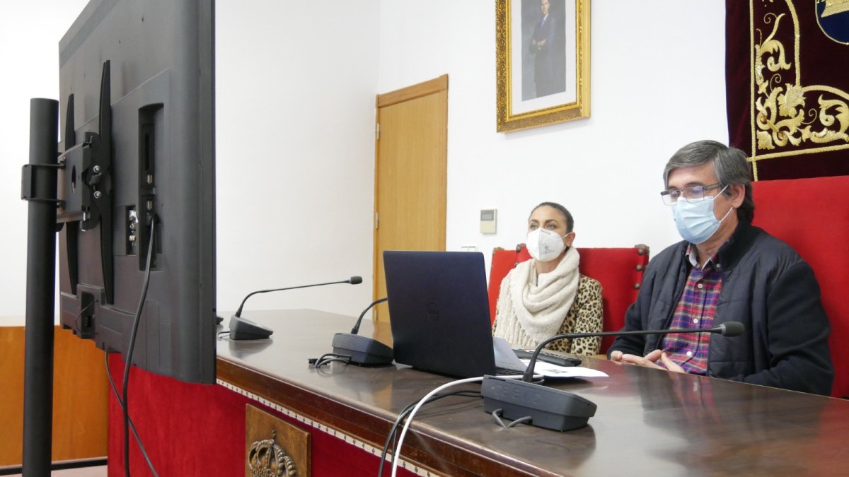 Manuel Cortés y Elisa Fernández durante la reunión telemática.