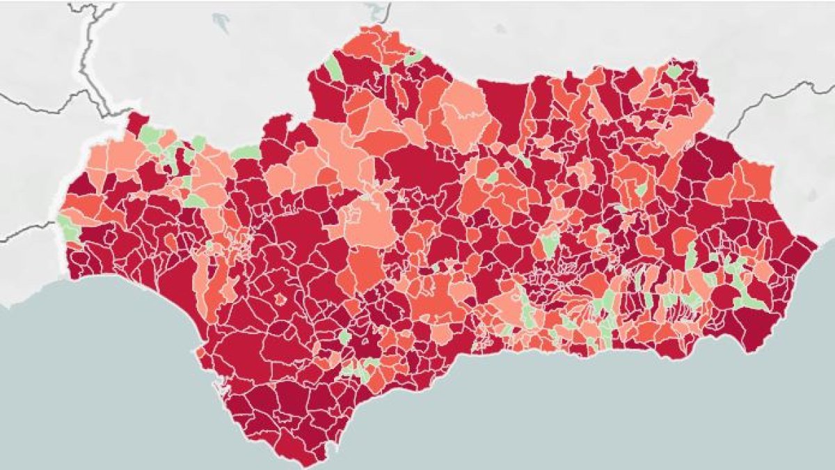 El mapa de incidencia de la covid en Andalucía, teñido de rojo.