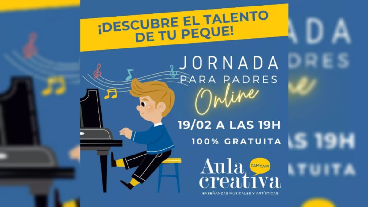 Cartel Jornada online para madres y padres en Aula Creativa de Música.
