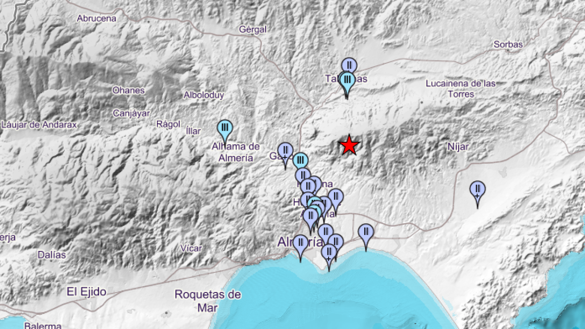 Zonas de la provincia de Almería en las que se ha sentido el temblor, según la web del Instituto Geográfico Nacional.