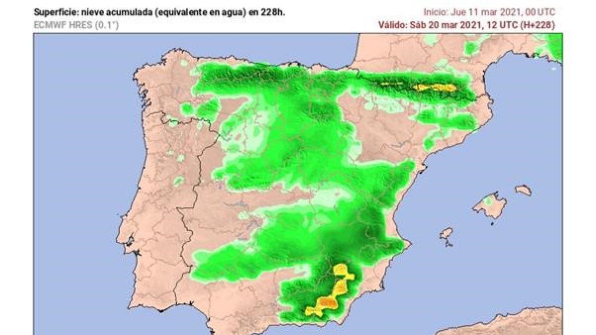 El mapa señala el sureste como la zona con mayor posibilidad de nevadas fuertes
