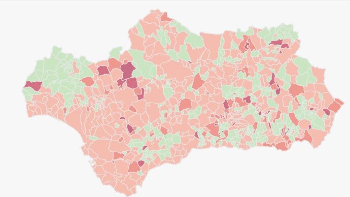 Mapa con la incidencia en cada uno de los municipios de Andalucía.