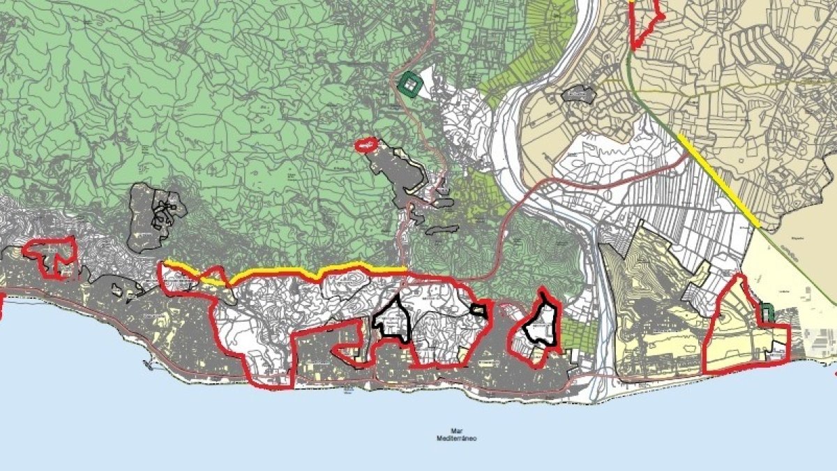 Plano del nuevo PGOU con las nuevas áreas que serán urbanizables subrayadas en rojo.