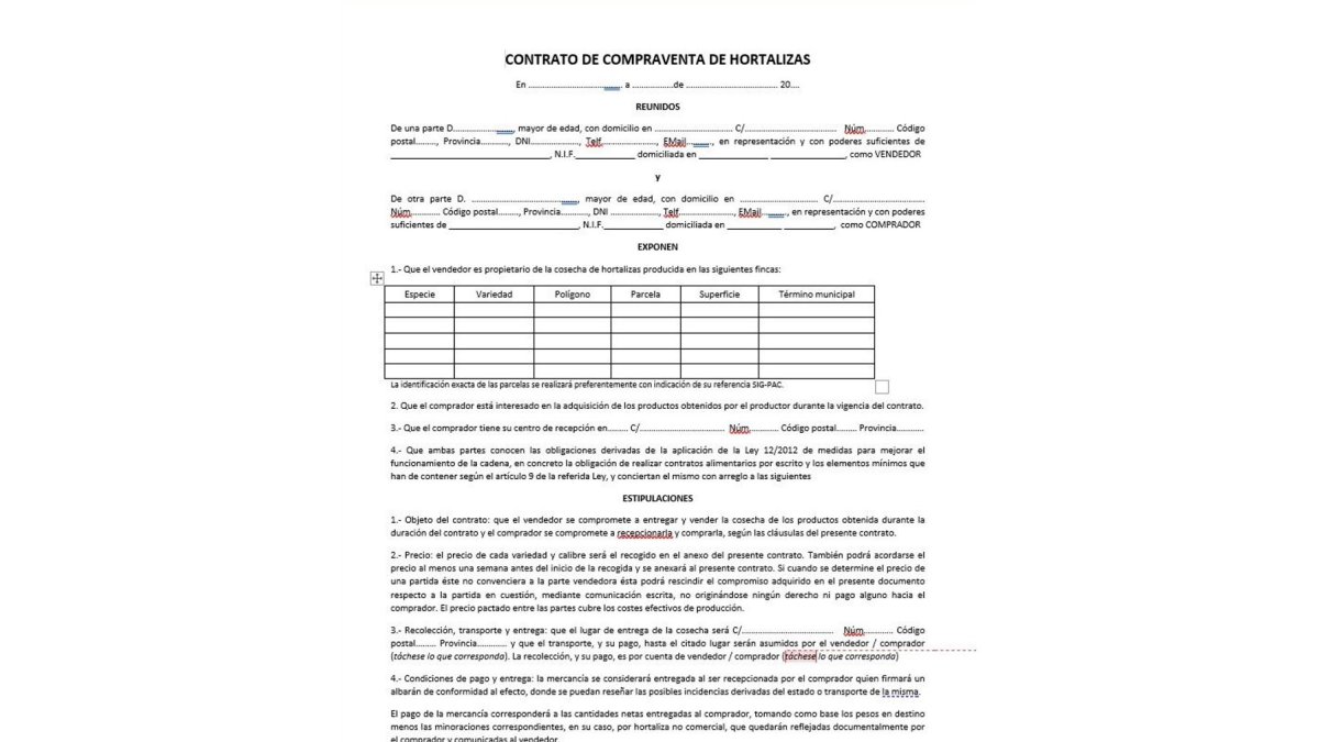 Modelo tipo de contrato presentado por Coag.