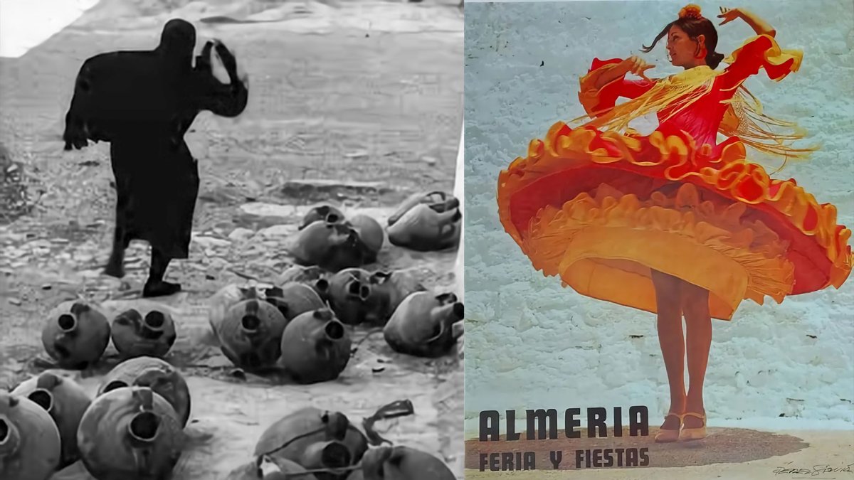 Pérez Siquier y su imagen que retrata a toda una época de miseria. A la derecha, Conchita Montes, cartel de la Fería de Almería 1971.