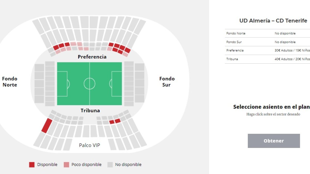 Las zonas que quedan libres coloreadas en rojo y el precio de las entradas.