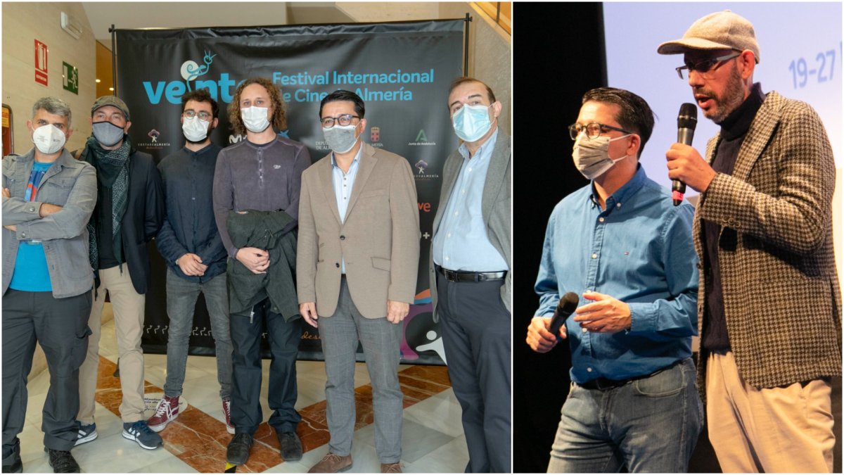 Los directores (a la izquierda, el equipo de De ida y vuelta, a la derecha Emilio Belmonte, con los responsables y organizadores de Fical.