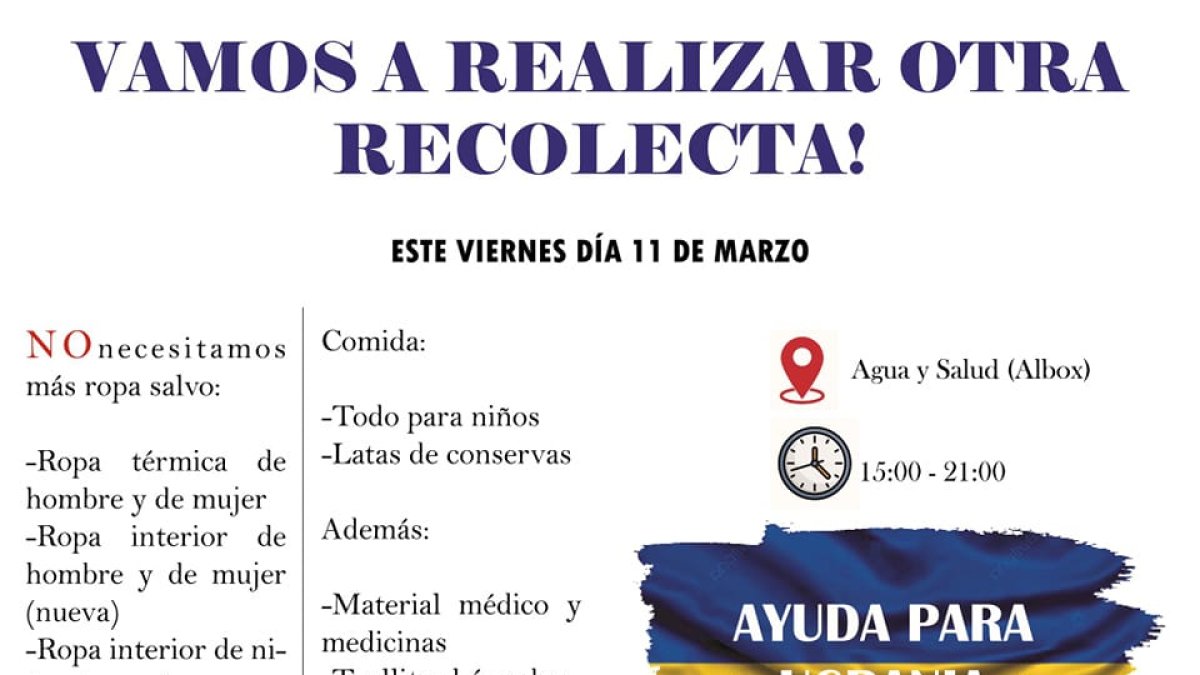 Detalle del nuevo cartel para la recogida de útiles para Ucrania en Albox.