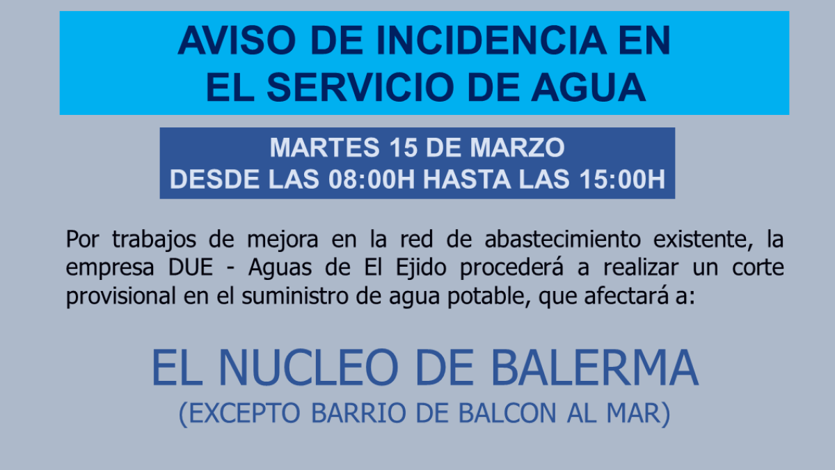 Cartel publicado por DUE - Aguas de El Ejido en su página web.