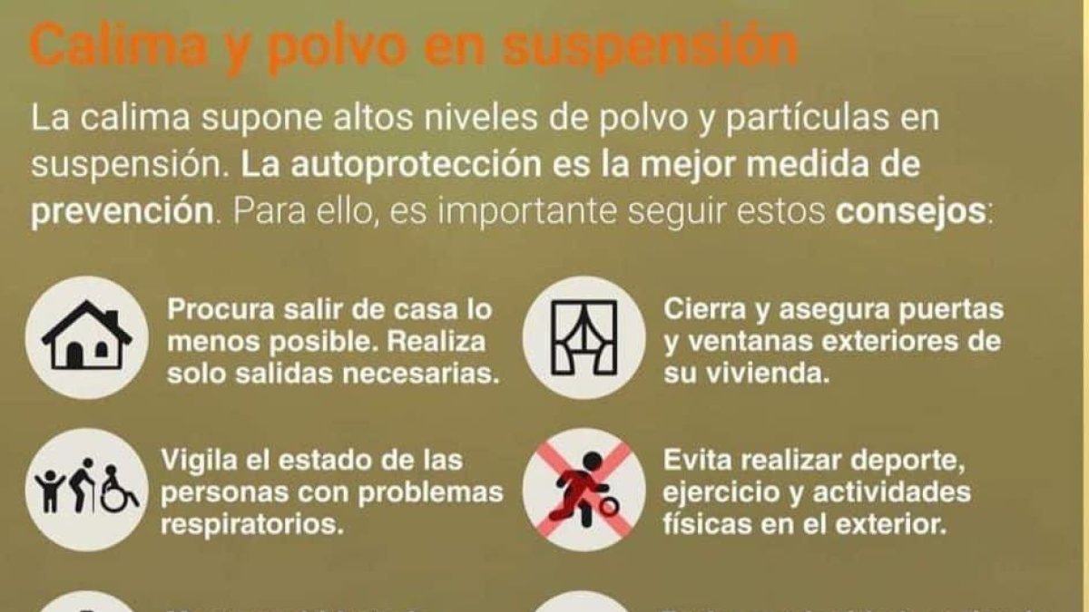 Detalles del cartel con las recomendaciones sanitarias antes el polvo en suspensión.