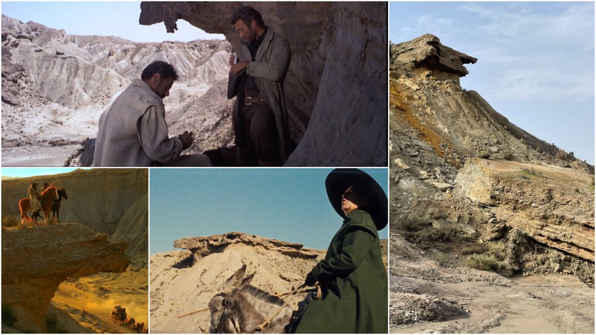 El tablero desprendido (foto: Rutas por Almería) junto a fotogramas de El Bueno, El Feo y El Malo, 800 Balas y Delirios de Grandeza.